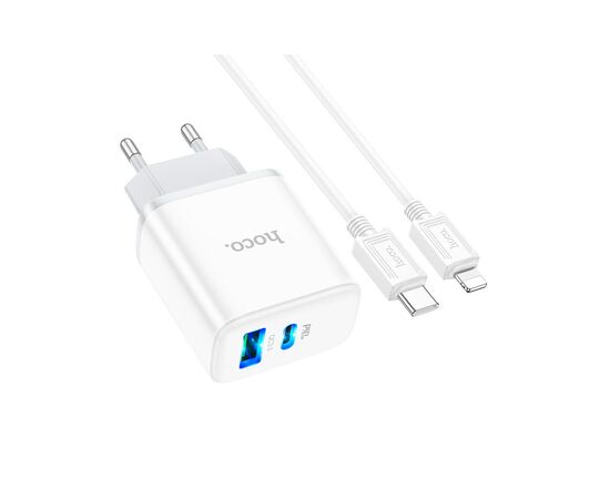 Зарядное устройство HOCO C105A Stage 1xUSB-C PD20W + 1xUSB QC3.0 + cable USB-C to Lightning White (6931474782939), изображение 2 Зарядное устройство HOCO C105A Stage 1xUSB-C PD20W + 1xUSB QC3.0 + cable USB-C to Lightning White (6931474782939), изображение 2