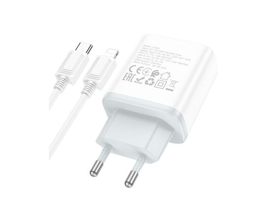 Зарядное устройство HOCO C105A Stage 1xUSB-C PD20W + 1xUSB QC3.0 + cable USB-C to Lightning White (6931474782939), изображение 3 Зарядное устройство HOCO C105A Stage 1xUSB-C PD20W + 1xUSB QC3.0 + cable USB-C to Lightning White (6931474782939), изображение 3