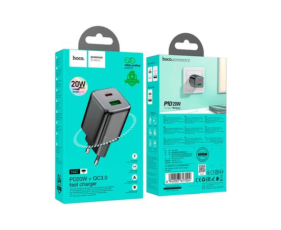 Зарядное устройство HOCO N41 Almighty 1xUSB-C PD20W + 1xUSB QC3.0 Black (6942007617024), изображение 4 Зарядное устройство HOCO N41 Almighty 1xUSB-C PD20W + 1xUSB QC3.0 Black (6942007617024), изображение 4