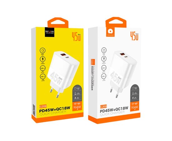 Зарядное устройство WUW C209 1xUSB-C PD45W + 1xUSB QC3.0 18W White (WUW-C209), изображение 2 Зарядное устройство WUW C209 1xUSB-C PD45W + 1xUSB QC3.0 18W White (WUW-C209), изображение 2