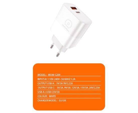 Зарядное устройство WUW C209 1xUSB-C PD45W + 1xUSB QC3.0 18W White (WUW-C209), изображение 3 Зарядное устройство WUW C209 1xUSB-C PD45W + 1xUSB QC3.0 18W White (WUW-C209), изображение 3
