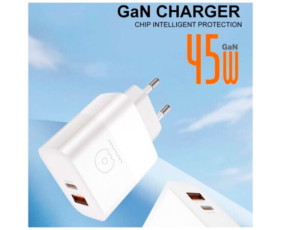 Зарядное устройство WUW C209 1xUSB-C PD45W + 1xUSB QC3.0 18W White (WUW-C209), изображение 4 Зарядное устройство WUW C209 1xUSB-C PD45W + 1xUSB QC3.0 18W White (WUW-C209), изображение 4
