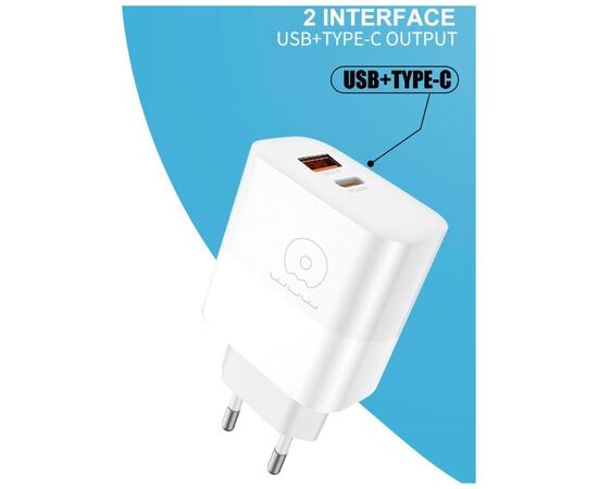 Зарядное устройство WUW C209 1xUSB-C PD45W + 1xUSB QC3.0 18W White (WUW-C209), изображение 5 Зарядное устройство WUW C209 1xUSB-C PD45W + 1xUSB QC3.0 18W White (WUW-C209), изображение 5