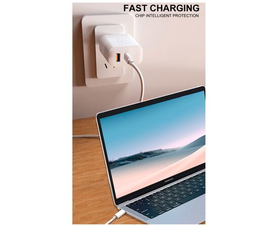 Зарядное устройство WUW C209 1xUSB-C PD45W + 1xUSB QC3.0 18W White (WUW-C209), изображение 6 Зарядное устройство WUW C209 1xUSB-C PD45W + 1xUSB QC3.0 18W White (WUW-C209), изображение 6