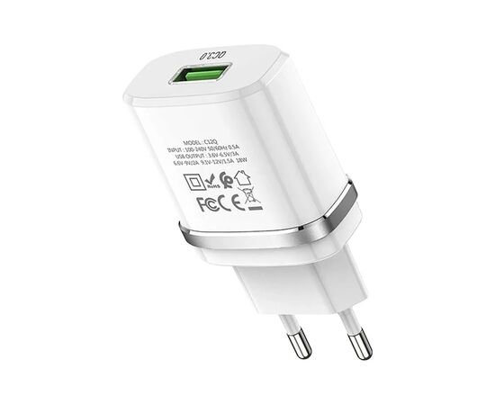Зарядное устройство HOCO C12Q Smart USB QC3.0 + cable USB to USB-C 18W White (6931474716309), изображение 3 Зарядное устройство HOCO C12Q Smart USB QC3.0 + cable USB to USB-C 18W White (6931474716309), изображение 3
