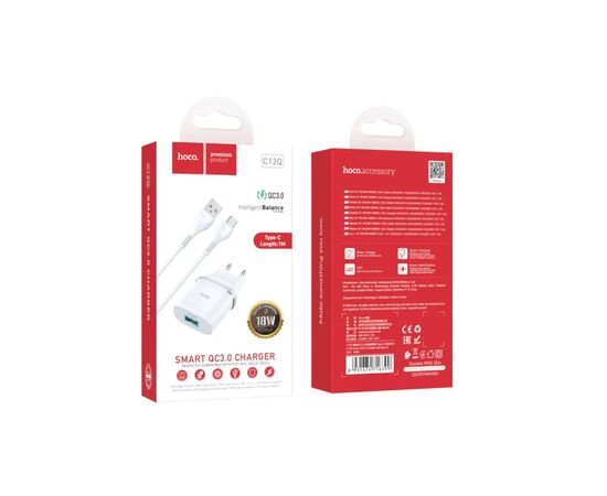 Зарядное устройство HOCO C12Q Smart USB QC3.0 + cable USB to USB-C 18W White (6931474716309), изображение 5 Зарядное устройство HOCO C12Q Smart USB QC3.0 + cable USB to USB-C 18W White (6931474716309), изображение 5