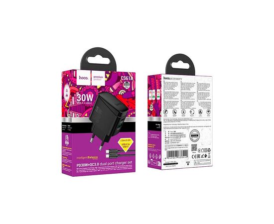 Зарядное устройство HOCO CS61A Bright 1xUSB-C PD30W + 1xUSB QC3.0 + cable USB-C to Lightning Black (6942007638432), изображение 6 Зарядное устройство HOCO CS61A Bright 1xUSB-C PD30W + 1xUSB QC3.0 + cable USB-C to Lightning Black (6942007638432), изображение 6