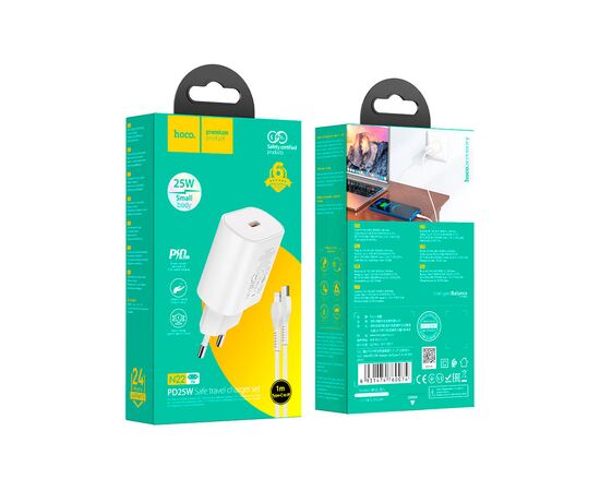 Зарядное устройство HOCO N22 Jetta USB-C PD25W + cable USB-C to Lightning White (6931474760074), изображение 6 Зарядное устройство HOCO N22 Jetta USB-C PD25W + cable USB-C to Lightning White (6931474760074), изображение 6