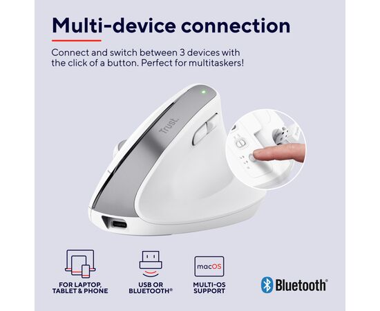 Мишка Trust Bayo+ Ergonomic Wireless/Bluetooth White (25399), зображення 10 Мишка Trust Bayo+ Ergonomic Wireless/Bluetooth White (25399), зображення 10