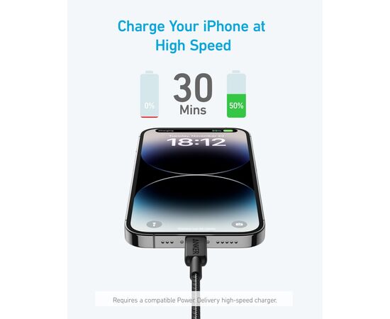 Дата кабель USB-C to Lightning 1.8m nylon 322 black Anker (A81B6G11), изображение 2 Дата кабель USB-C to Lightning 1.8m nylon 322 black Anker (A81B6G11), изображение 2