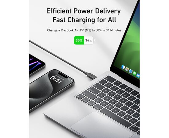 Дата кабель USB-C to USB-C 0.9m 240W 20Gbps 4K Video bio-nylon black Anker (A80N1H11), изображение 2 Дата кабель USB-C to USB-C 0.9m 240W 20Gbps 4K Video bio-nylon black Anker (A80N1H11), изображение 2