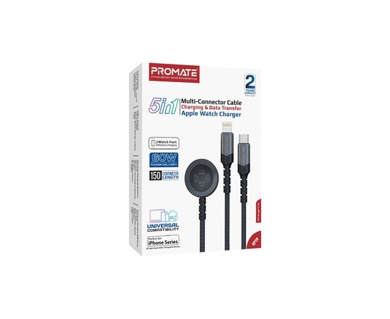 Дата кабель USB-C to Lightning 27W + USB-C 60W + Apple Watch 2.5W 1.5m icharge trio black Promate (icharge-trio.black), изображение 6 Дата кабель USB-C to Lightning 27W + USB-C 60W + Apple Watch 2.5W 1.5m icharge trio black Promate (icharge-trio.black), изображение 6
