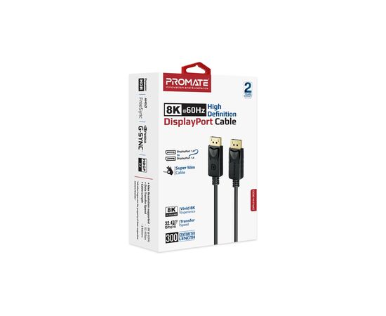 Кабель мультимедийный DisplayPort M to DisplayPort M 3.0m V1.4 black Promate (dplink-300.black), изображение 2 Кабель мультимедийный DisplayPort M to DisplayPort M 3.0m V1.4 black Promate (dplink-300.black), изображение 2