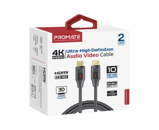 Кабель мультимедийный HDMI M to HDMI M 10.0m V2.0 black Promate (prolink4k60-10m), изображение 2 Кабель мультимедийный HDMI M to HDMI M 10.0m V2.0 black Promate (prolink4k60-10m), изображение 2