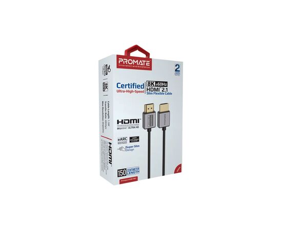 Кабель мультимедийный HDMI M to HDMI M 1.5m V2.1 grey Promate (primelink8k-150.grey), изображение 2 Кабель мультимедийный HDMI M to HDMI M 1.5m V2.1 grey Promate (primelink8k-150.grey), изображение 2
