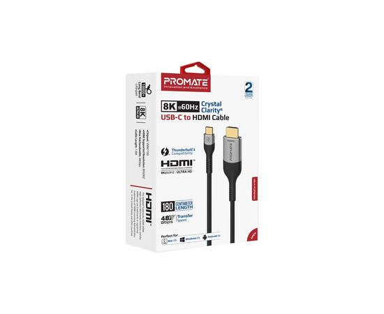 Кабель мультимедийный USB-C to HDMI M 1.8m grey Promate (mediacord-8k.grey), изображение 2 Кабель мультимедийный USB-C to HDMI M 1.8m grey Promate (mediacord-8k.grey), изображение 2