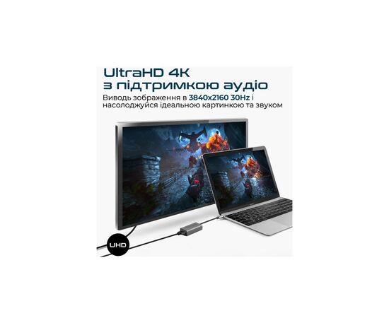 Переходник USB-C to HDMI 4K30Hz grey Promate (medialink-h1.grey), изображение 7 Переходник USB-C to HDMI 4K30Hz grey Promate (medialink-h1.grey), изображение 7