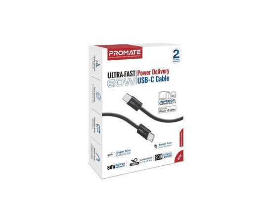Дата кабель USB-C to USB-C 2.0m 60W PD EcoLine-CC200 black Promate (ecoline-cc200.black), изображение 2 Дата кабель USB-C to USB-C 2.0m 60W PD EcoLine-CC200 black Promate (ecoline-cc200.black), изображение 2