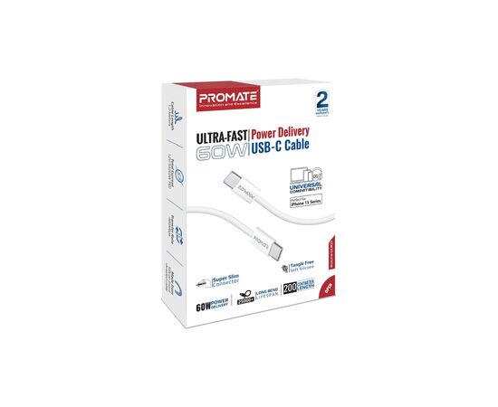 Дата кабель USB-C to USB-C 2.0m 60W PD EcoLine-CC200 white Promate (ecoline-cc200.white), изображение 2 Дата кабель USB-C to USB-C 2.0m 60W PD EcoLine-CC200 white Promate (ecoline-cc200.white), изображение 2