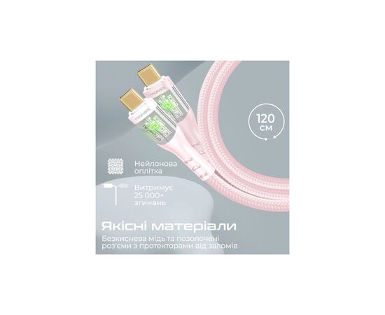 Дата кабель USB-C to USB-C 1.2m 60W PD TransLine-CC pink Promate (transline-cc.pink), изображение 3 Дата кабель USB-C to USB-C 1.2m 60W PD TransLine-CC pink Promate (transline-cc.pink), изображение 3