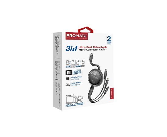 Дата кабель USB-C to Lightning 1.1m 27W + USB-C 60W + Micro USB TrioCord-R black Promate (triocord-r.black), изображение 2 Дата кабель USB-C to Lightning 1.1m 27W + USB-C 60W + Micro USB TrioCord-R black Promate (triocord-r.black), изображение 2