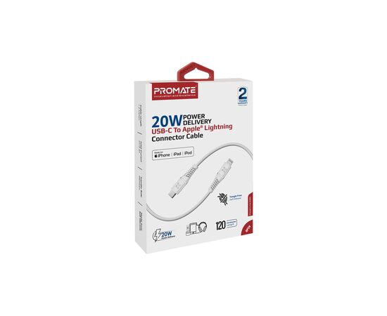 Дата кабель USB-C to Lightning 1.2m 20W PD MFi POWERLINE-CI120 black Promate (powerline-ci120.white), изображение 2 Дата кабель USB-C to Lightning 1.2m 20W PD MFi POWERLINE-CI120 black Promate (powerline-ci120.white), изображение 2