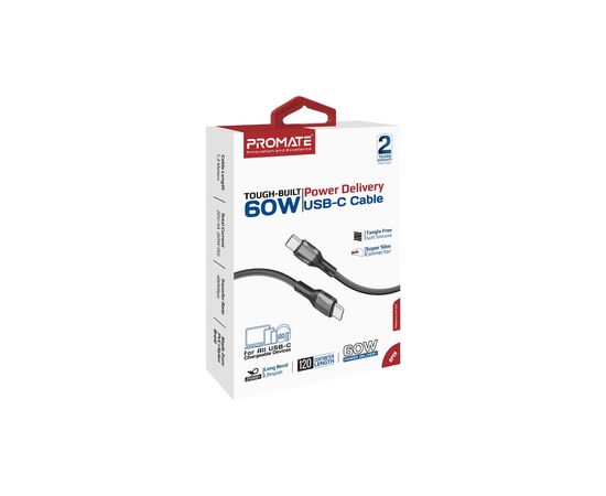 Дата кабель USB-C to USB-C 1.2m 60W PD FletchLink-CC black Promate (fletchlink-cc.black), изображение 2 Дата кабель USB-C to USB-C 1.2m 60W PD FletchLink-CC black Promate (fletchlink-cc.black), изображение 2