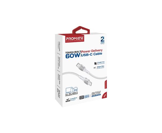 Дата кабель USB-C to USB-C 1.2m 60W PD FletchLink-CC grey Promate (fletchlink-cc.grey), изображение 2 Дата кабель USB-C to USB-C 1.2m 60W PD FletchLink-CC grey Promate (fletchlink-cc.grey), изображение 2
