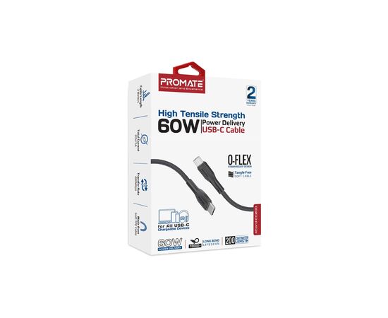 Дата кабель USB-C to USB-C 2.0m 3A xCord-CC200 black Promate (xcord-cc200.black), изображение 2 Дата кабель USB-C to USB-C 2.0m 3A xCord-CC200 black Promate (xcord-cc200.black), изображение 2