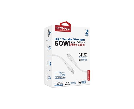 Дата кабель USB-C to USB-C 2.0m 3A xCord-CC200 white Promate (xcord-cc200.white), изображение 2 Дата кабель USB-C to USB-C 2.0m 3A xCord-CC200 white Promate (xcord-cc200.white), изображение 2