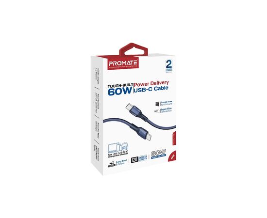 Дата кабель USB-C to USB-C 1.2m 60W PD FletchLink-CC blue Promate (fletchlink-cc.blue), изображение 2 Дата кабель USB-C to USB-C 1.2m 60W PD FletchLink-CC blue Promate (fletchlink-cc.blue), изображение 2
