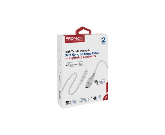 Дата кабель USB 2.0 AM to Lightning 1.2m 2.4A MFi PowerLine-Ai120 white Promate (powerline-ai120.white), изображение 2 Дата кабель USB 2.0 AM to Lightning 1.2m 2.4A MFi PowerLine-Ai120 white Promate (powerline-ai120.white), изображение 2