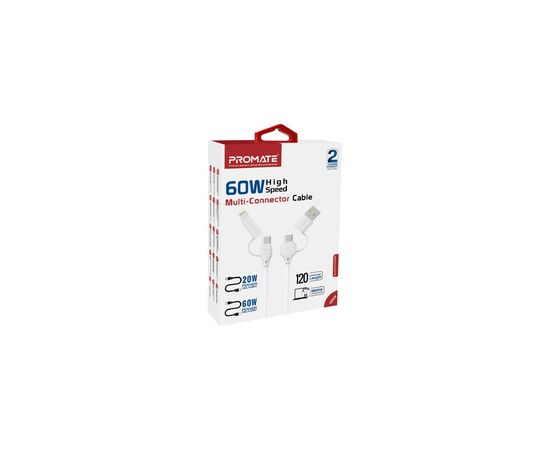 Дата кабель USB-C + USB 2.0 AM to USB-C + Lightning 1.2m 60W quadcord-pd60 white Promate (quadcord-pd60.white), изображение 2 Дата кабель USB-C + USB 2.0 AM to USB-C + Lightning 1.2m 60W quadcord-pd60 white Promate (quadcord-pd60.white), изображение 2