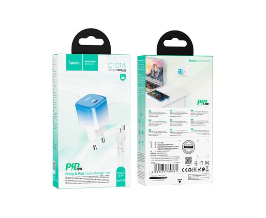 Зарядное устройство HOCO C101A USB-C PD20W + cable USB-C to Lightning Ice Blue (6931474769381), изображение 11 Зарядное устройство HOCO C101A USB-C PD20W + cable USB-C to Lightning Ice Blue (6931474769381), изображение 11