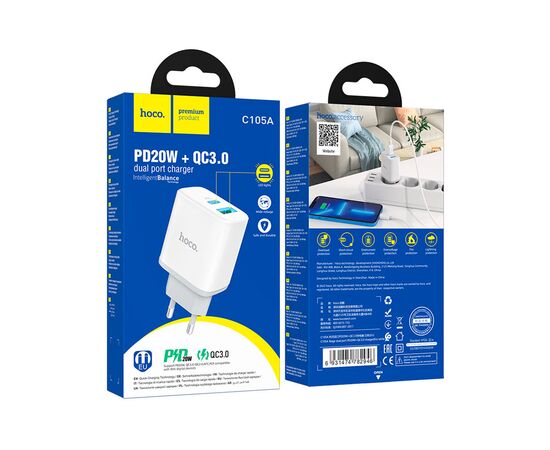 Зарядное устройство HOCO C105A Stage 1xUSB-C PD20W + 1xUSB QC3.0 White (6931474782946), изображение 6 Зарядное устройство HOCO C105A Stage 1xUSB-C PD20W + 1xUSB QC3.0 White (6931474782946), изображение 6
