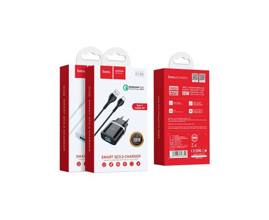 Зарядное устройство HOCO C12Q Smart USB QC3.0 + cable USB to USB-C 18W Black (6931474716293), изображение 4 Зарядное устройство HOCO C12Q Smart USB QC3.0 + cable USB to USB-C 18W Black (6931474716293), изображение 4