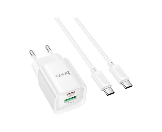 Зарядное устройство HOCO C147A Charm 1xUSB-C PD20W + 1xUSB QC3.0 + cable USB-C to USB-C White (6942007630290), изображение 2 Зарядное устройство HOCO C147A Charm 1xUSB-C PD20W + 1xUSB QC3.0 + cable USB-C to USB-C White (6942007630290), изображение 2