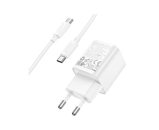 Зарядное устройство HOCO C147A Charm 1xUSB-C PD20W + 1xUSB QC3.0 + cable USB-C to USB-C White (6942007630290), изображение 3 Зарядное устройство HOCO C147A Charm 1xUSB-C PD20W + 1xUSB QC3.0 + cable USB-C to USB-C White (6942007630290), изображение 3