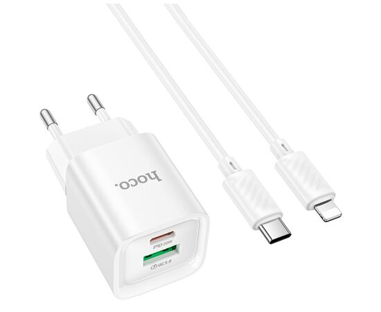 Зарядное устройство HOCO C147A Charm 1xUSB-C PD20W + 1xUSB QC3.0 + cable USB-C to Lightning White (6942007630283), изображение 2 Зарядное устройство HOCO C147A Charm 1xUSB-C PD20W + 1xUSB QC3.0 + cable USB-C to Lightning White (6942007630283), изображение 2