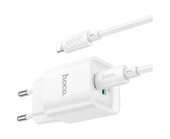 Зарядное устройство HOCO C147A Charm 1xUSB-C PD20W + 1xUSB QC3.0 + cable USB-C to Lightning White (6942007630283), изображение 6 Зарядное устройство HOCO C147A Charm 1xUSB-C PD20W + 1xUSB QC3.0 + cable USB-C to Lightning White (6942007630283), изображение 6