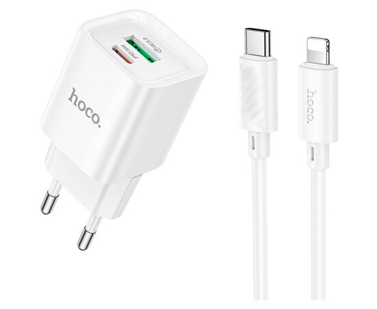 Зарядное устройство HOCO C147A Charm 1xUSB-C PD20W + 1xUSB QC3.0 + cable USB-C to Lightning White (6942007630283)