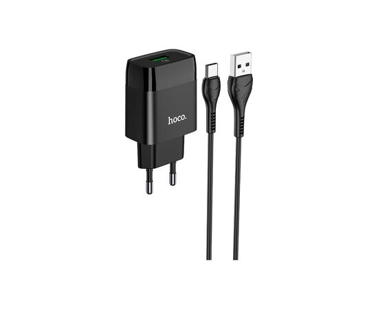 Зарядное устройство HOCO C72Q Glorious USB QC3.0 + cable USB to USB-C 18W Black (6931474732545), изображение 2 Зарядное устройство HOCO C72Q Glorious USB QC3.0 + cable USB to USB-C 18W Black (6931474732545), изображение 2