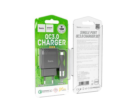 Зарядное устройство HOCO C72Q Glorious USB QC3.0 + cable USB to USB-C 18W Black (6931474732545), изображение 5 Зарядное устройство HOCO C72Q Glorious USB QC3.0 + cable USB to USB-C 18W Black (6931474732545), изображение 5