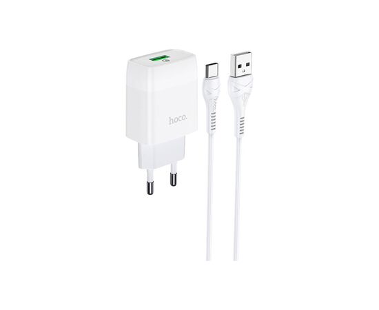 Зарядное устройство HOCO C72Q Glorious USB QC3.0 + cable USB to USB-C 18W White (6931474732552), изображение 2 Зарядное устройство HOCO C72Q Glorious USB QC3.0 + cable USB to USB-C 18W White (6931474732552), изображение 2