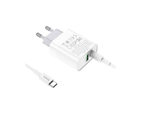 Зарядное устройство HOCO C80A Rapido 1xUSB-C PD20W + 1xUSB QC3.0 + cable USB-C to USB-C White (6931474740533), изображение 3 Зарядное устройство HOCO C80A Rapido 1xUSB-C PD20W + 1xUSB QC3.0 + cable USB-C to USB-C White (6931474740533), изображение 3
