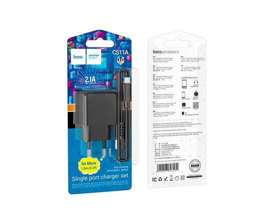 Зарядное устройство HOCO CS11A Ocean USB + cable USB to Micro 5P 10.5W Black (6942007603584), изображение 4 Зарядное устройство HOCO CS11A Ocean USB + cable USB to Micro 5P 10.5W Black (6942007603584), изображение 4
