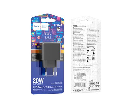 Зарядное устройство HOCO CS14A Ocean 1xUSB-C PD20W + 1xUSB QC3.0 Black (6942007603898), изображение 7 Зарядное устройство HOCO CS14A Ocean 1xUSB-C PD20W + 1xUSB QC3.0 Black (6942007603898), изображение 7