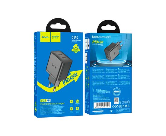 Зарядное устройство HOCO N35 Streamer 2xUSB-C PD45W GaN Black (6931474797193), изображение 4 Зарядное устройство HOCO N35 Streamer 2xUSB-C PD45W GaN Black (6931474797193), изображение 4