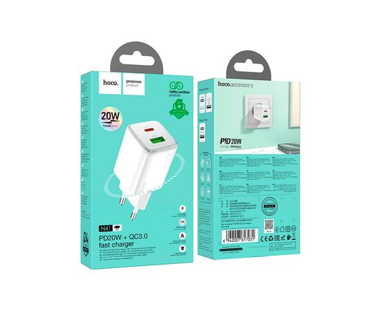 Зарядное устройство HOCO N41 Almighty 1xUSB-C PD20W + 1xUSB QC3.0 White (6942007617031), изображение 3 Зарядное устройство HOCO N41 Almighty 1xUSB-C PD20W + 1xUSB QC3.0 White (6942007617031), изображение 3