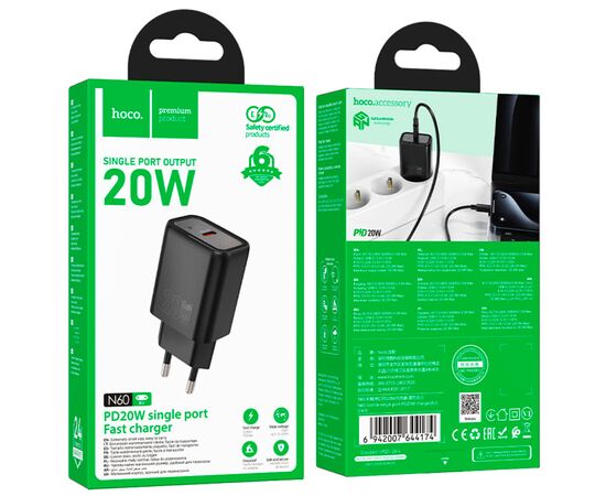 Зарядное устройство HOCO N60 Gentle USB-C PD20W Black (6942007644174), изображение 4 Зарядное устройство HOCO N60 Gentle USB-C PD20W Black (6942007644174), изображение 4